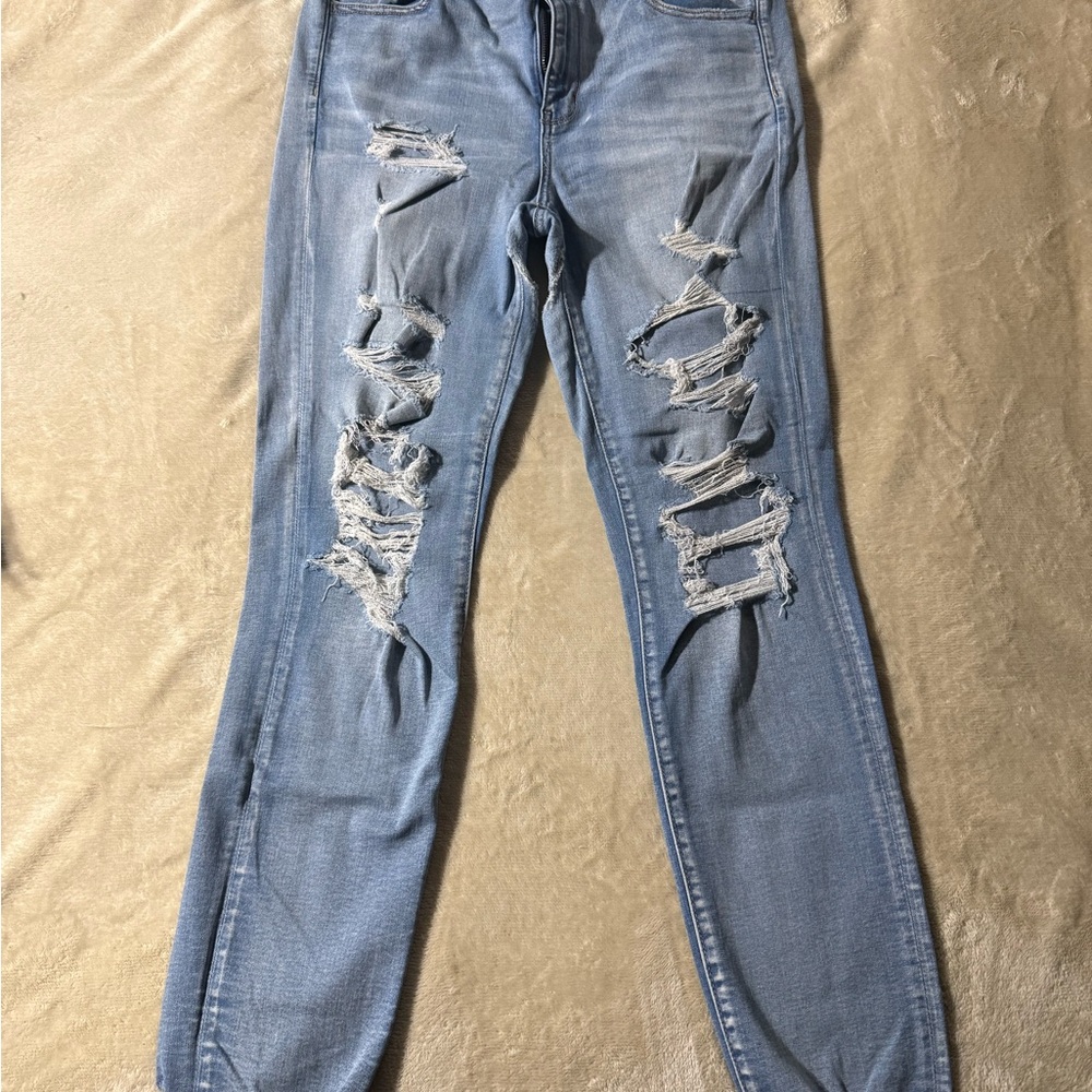 American Eagle Outfitters Light Blue Hi-Rise Ripped Skinny Jeans Super Stretch